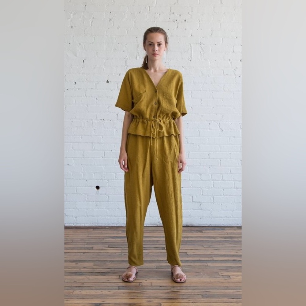 Black Crane Mustard Yellow Cotton Button-Up Jumpsuit Size Medium
